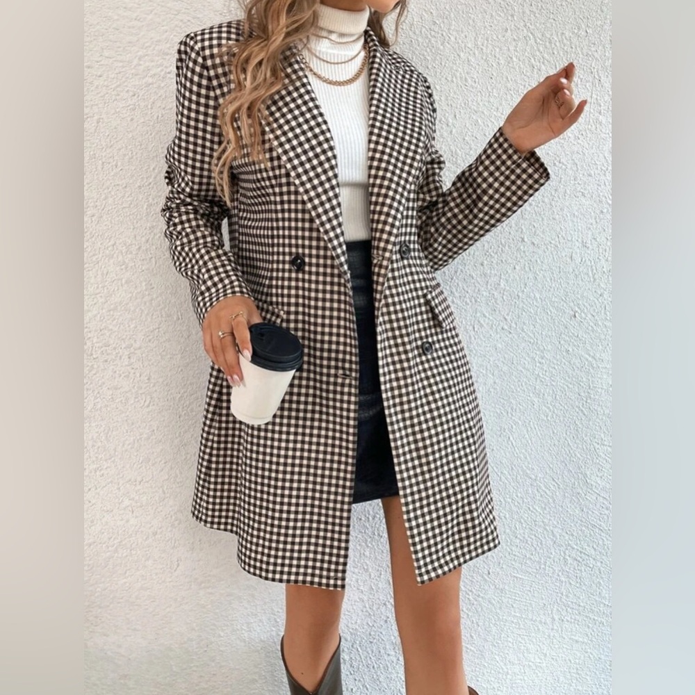 Stylish Coffee and White Checkered Women's Coat